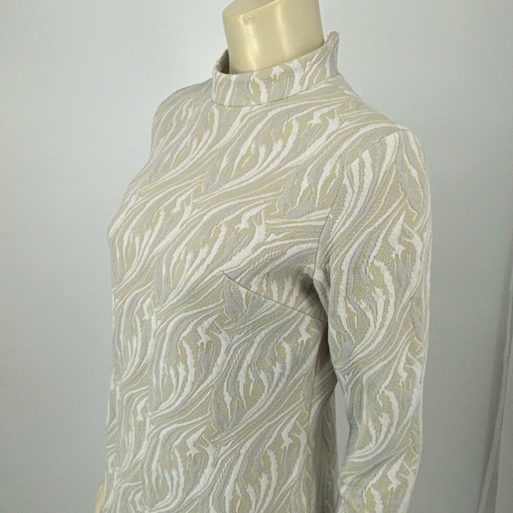 Authentic 1960s Mod Jacquard Sheath Dress Cream Ivory Mock Neck Conmar Zipper